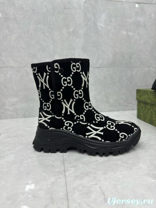 2024 Women Gucci Black White Suede Snow Boots GG NY Embroidery MJ00370