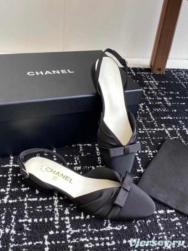 2025 Women Chanel Black Satin Silk Leather Sandals Bow KFY00289