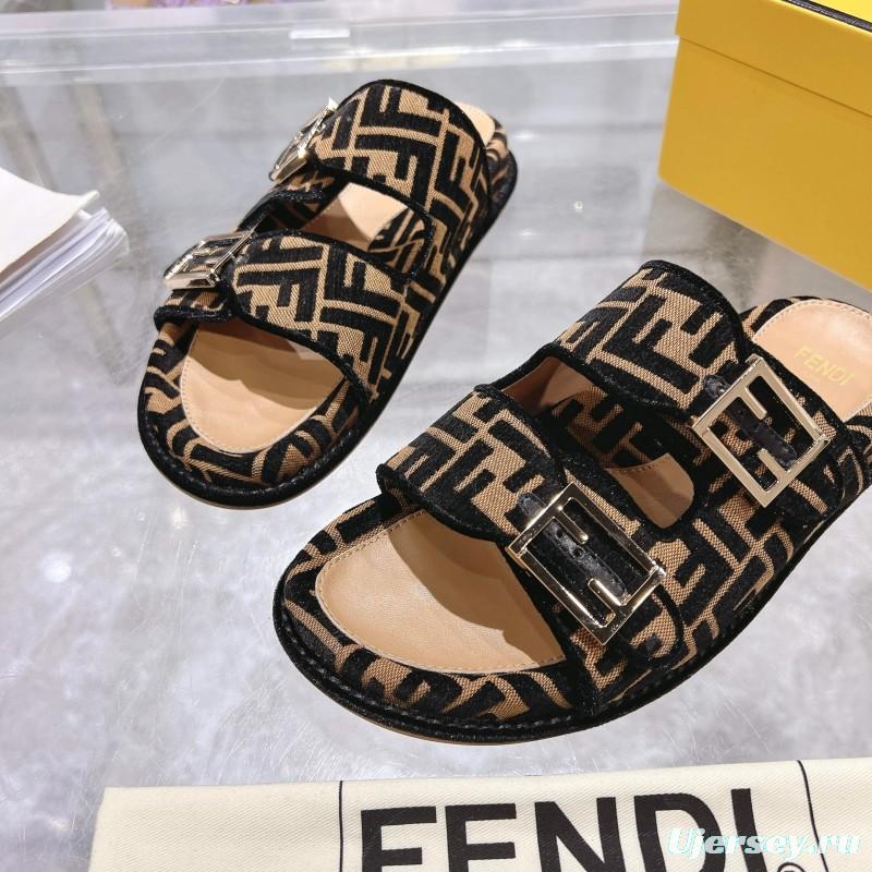 2025 Fendi Black Beige Fabric Slippers FF Buckle KFY00250
