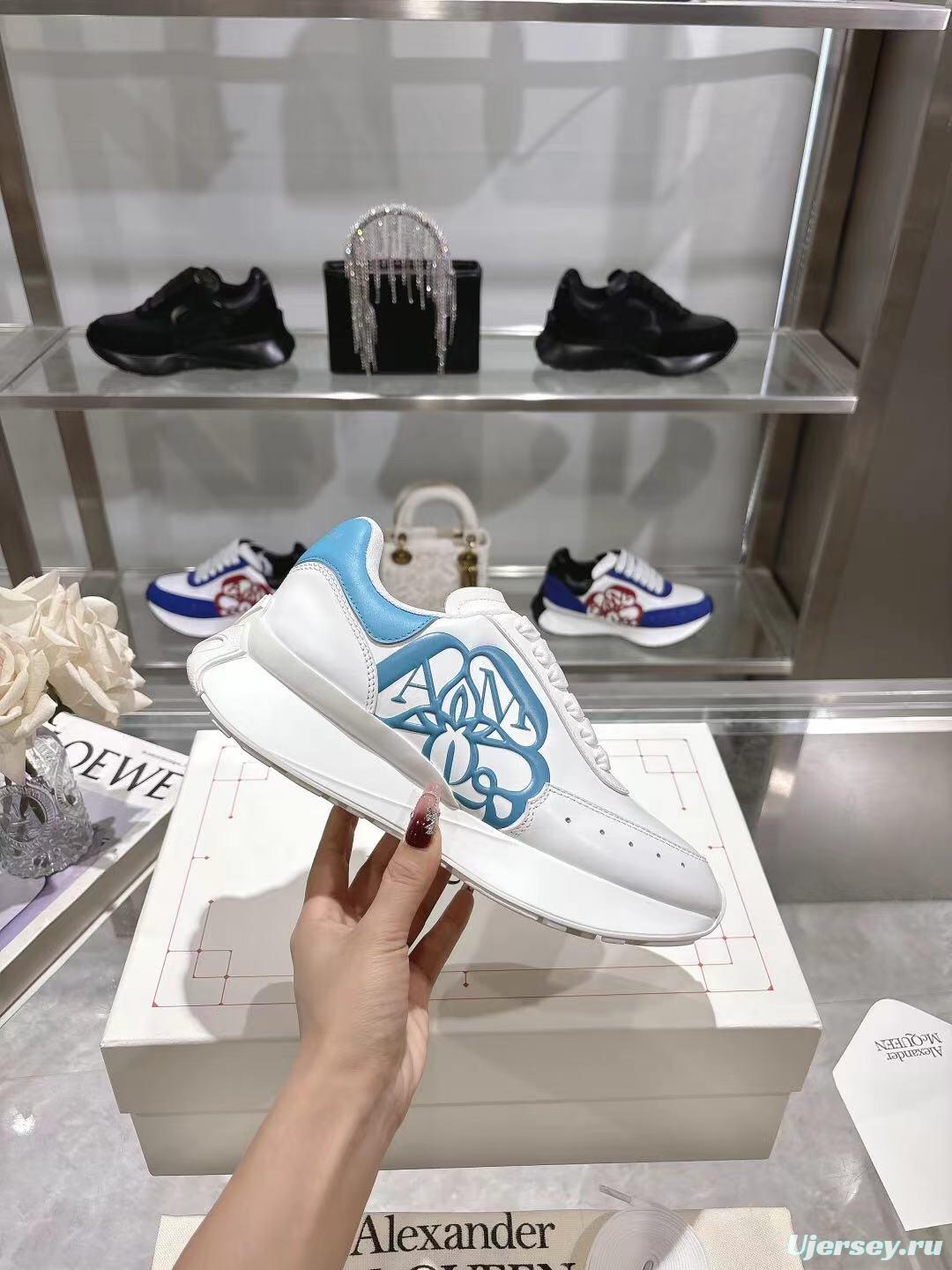 2025 Women Alexander McQueen White Blue Leather Sneakers LY00340
