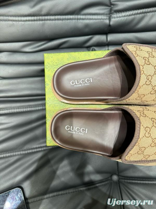 2024 Slippers Gucci Brown Canvas Leather Slippers MJ00200