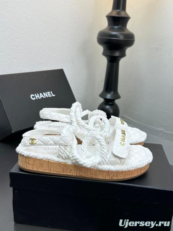 2025 Women Chanel White Leather Roped Espadrille Sandals LY00260