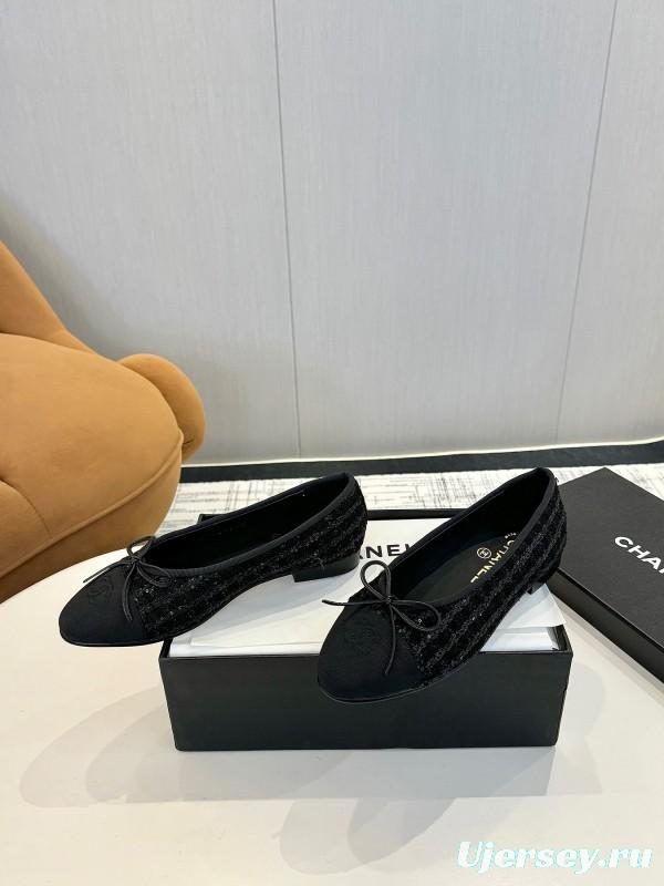 2025 Women Chanel Black Wool Ballet Flats LY00250