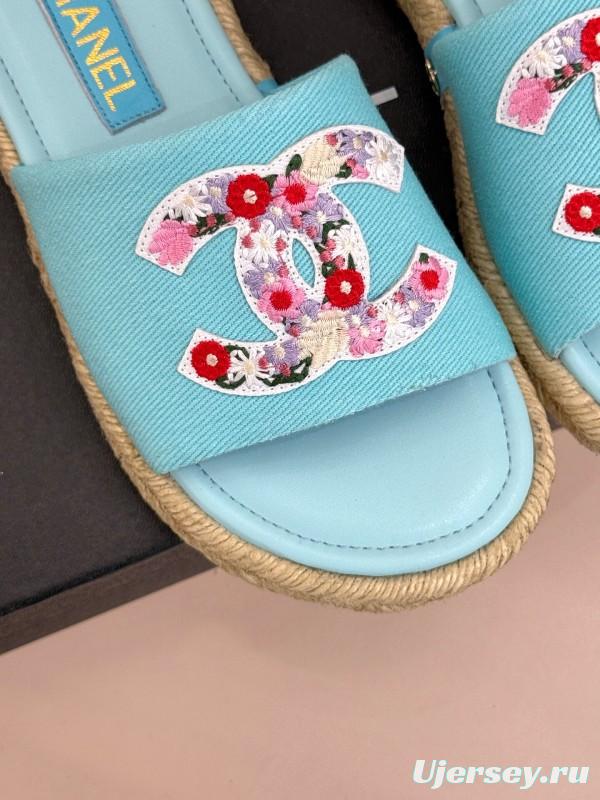 2025 Slippers Chanel Light Blue Fabric Women Embroidered Floral CC Logo KFY00230