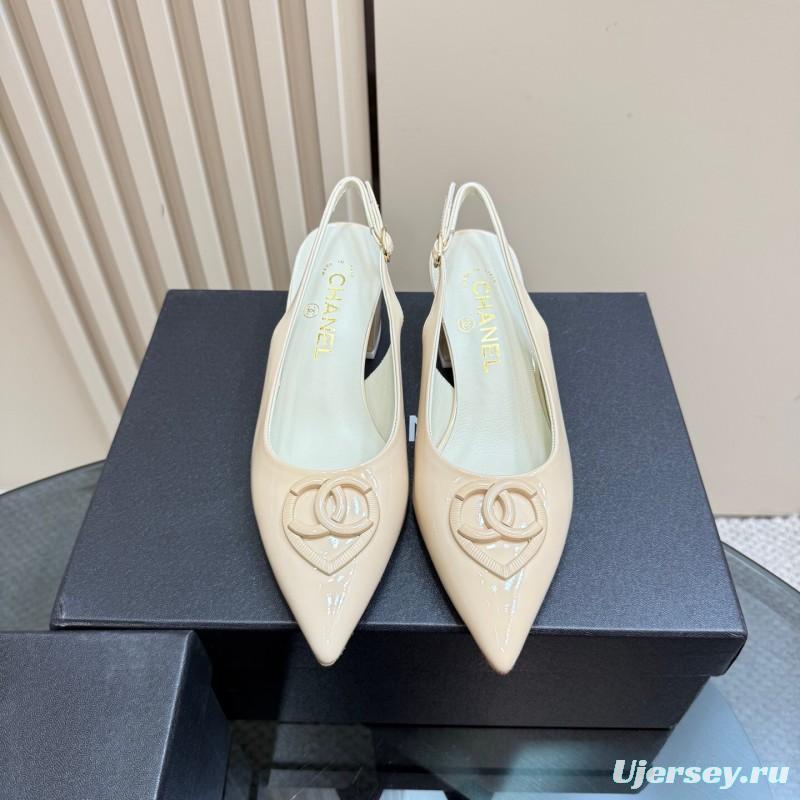 2025 Women Chanel Beige Patent Leather Slingback Heels