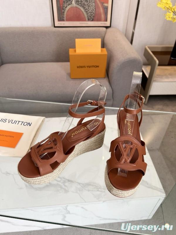 2025 Women Louis Vuitton Brown Leather Espadrille Wedge Sandals MJ00280