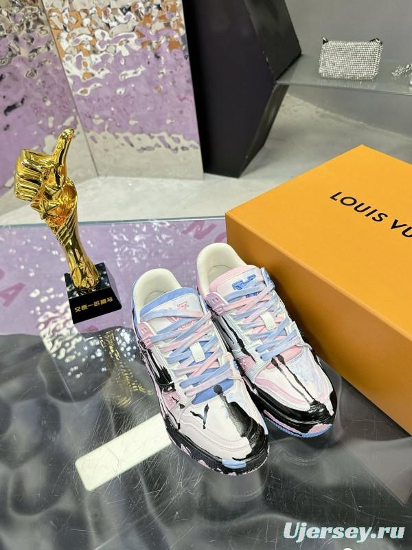2024 Unisex Louis Vuitton Pink Blue Black Leather Denim Plimsolls Hand-Painted MJ00780