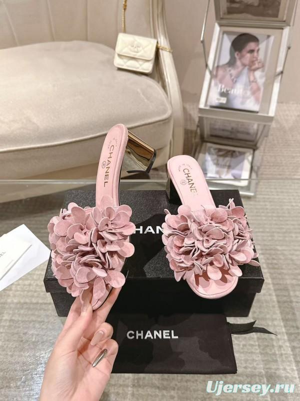2025 Women Chanel Pink Suede Flower Mule