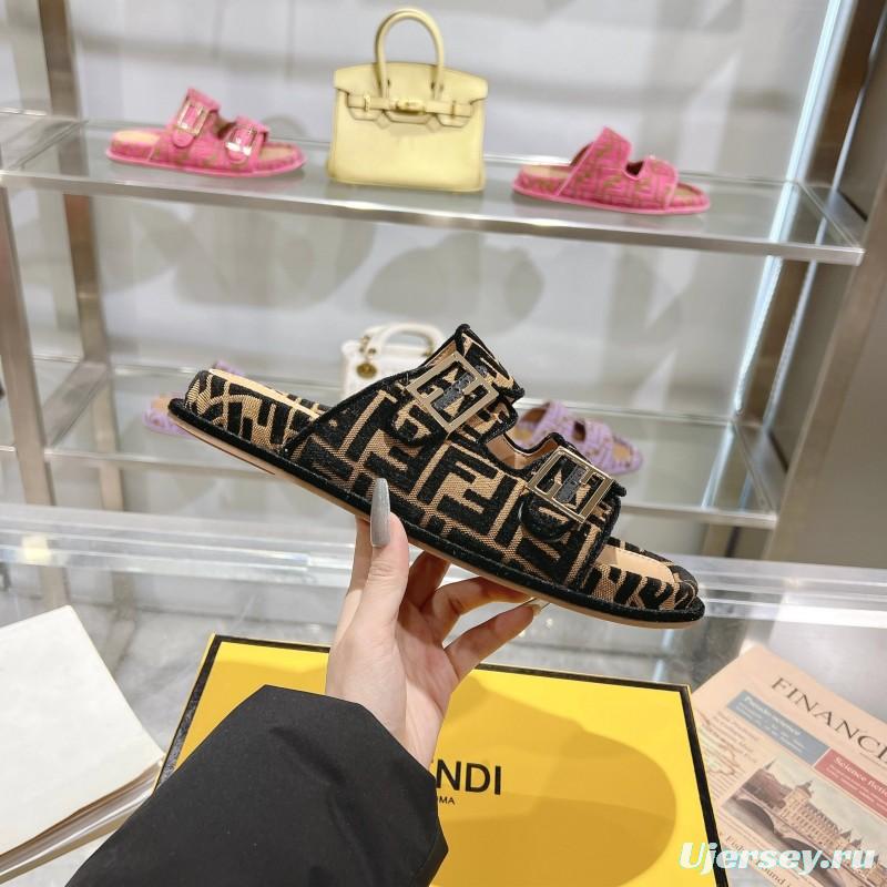 2025 Fendi Black Beige Fabric Slippers FF Buckle KFY00250