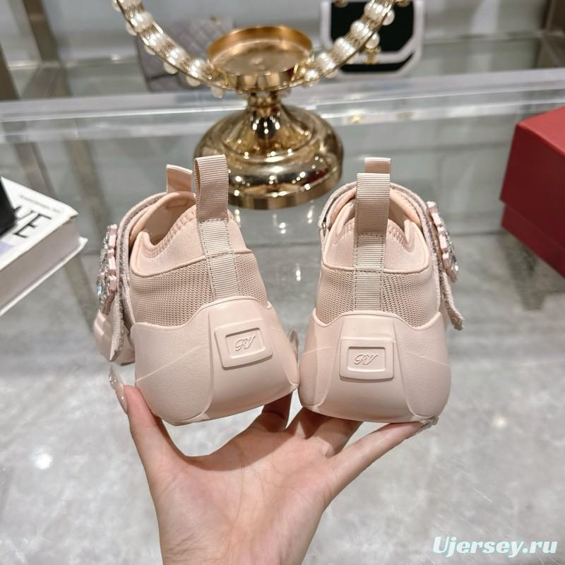 2025 Women Roger Vivier Pink Knit Suede Sneakers Crystal Buckle LY00300