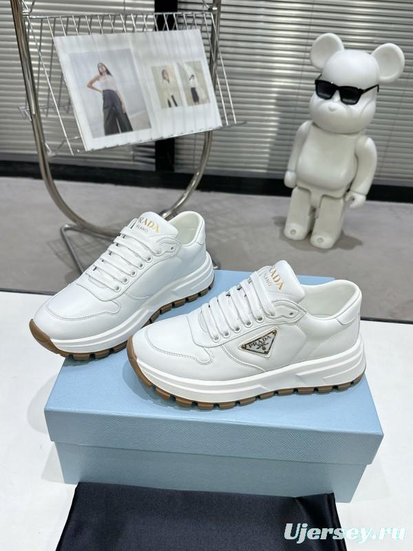 2025 Women Prada White Cow Leather Lambskin Sneakers KFY00310