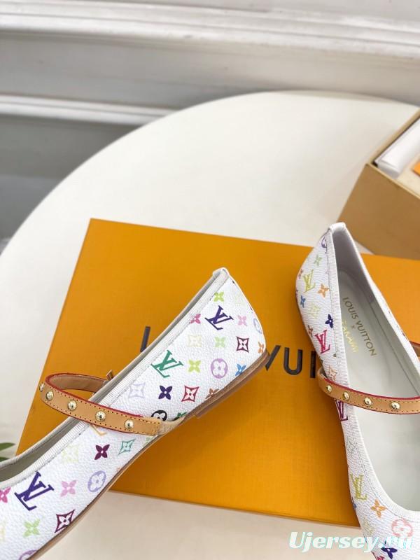 2025 Women Louis Vuitton White Multicolor Leather Ballet Flats KFY00300