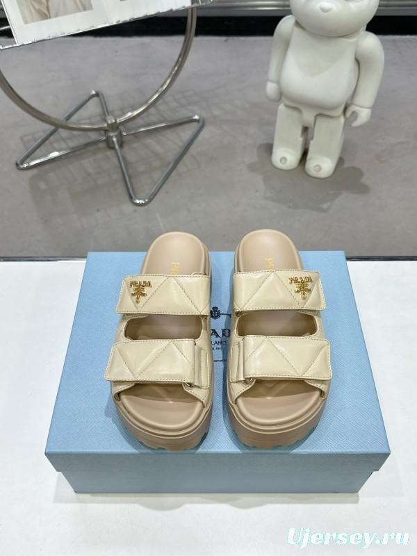 2025 Women Prada Beige Leather Slippers KFY00290