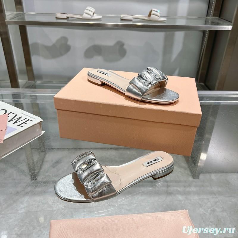 2025 Women Miumiu Silver Metallic Leather Slippers