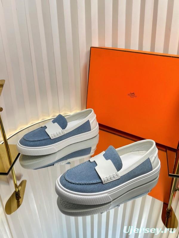 2025 Women Hermès Blue White Leather Canvas Loafers LY00310