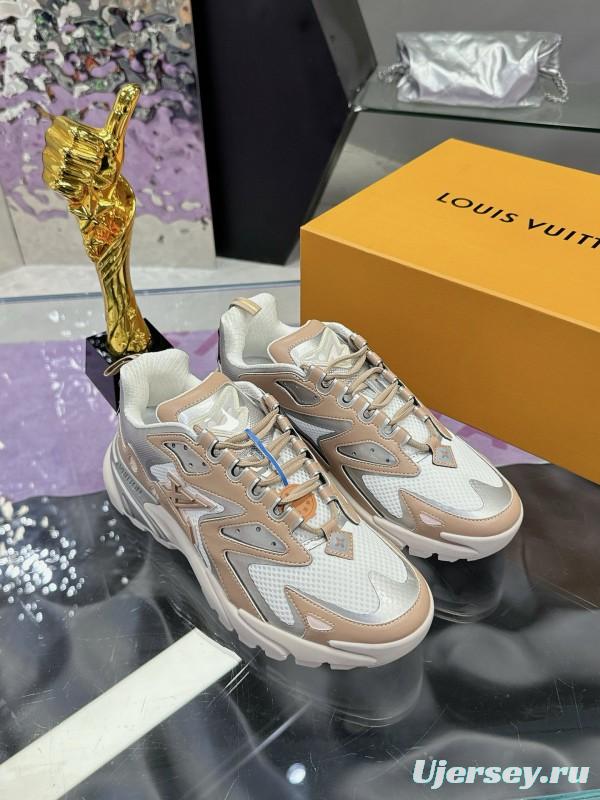 2025 Men Louis Vuitton Gradient Color Beige White Mesh Leather Sneakers MJ00420