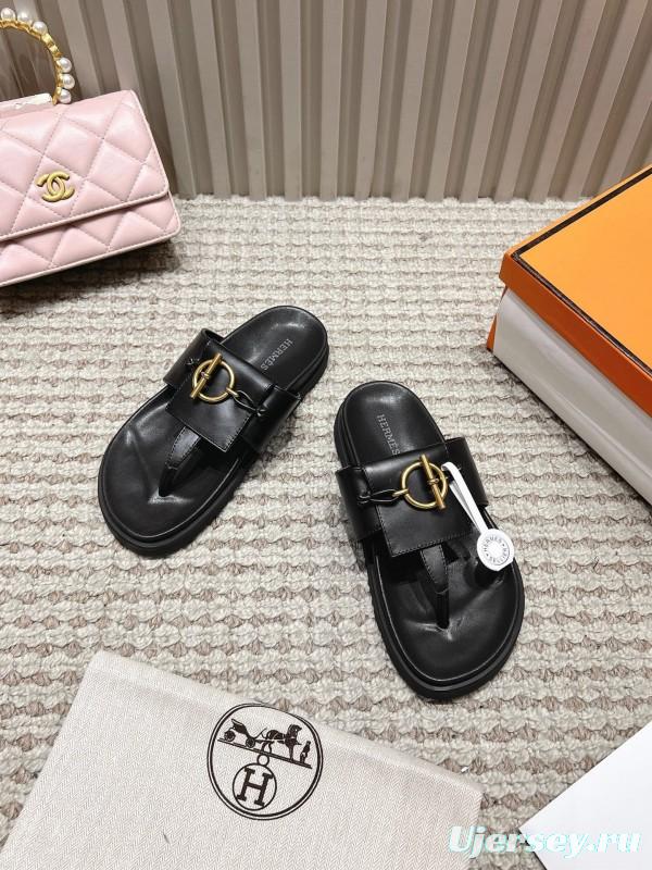2025 Slippers Hermès Black Leather Slippers LY00270