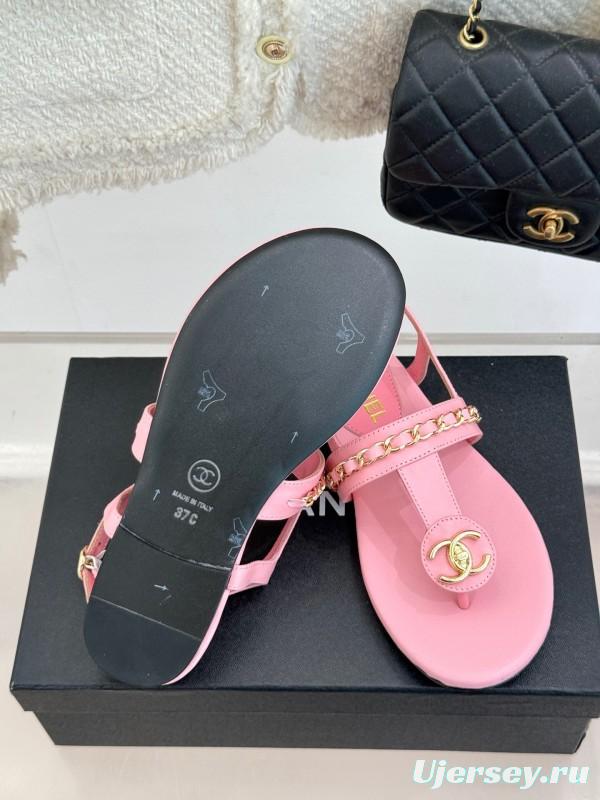 2025 Women Chanel Pink Lambskin Sandals CC Logo KFY00250