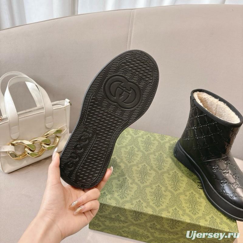 2024 Women Gucci Black Leather Suede Shearling Snow Boots MJ00350