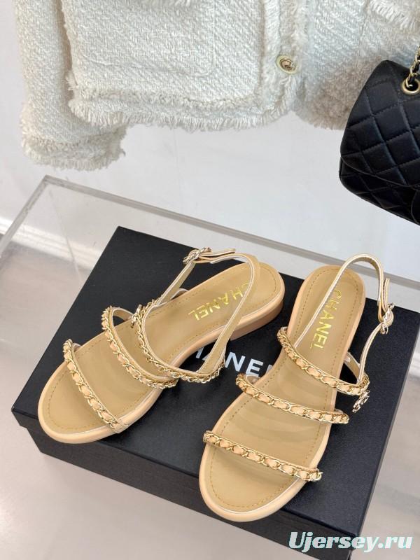2025 Women Chanel Beige Leather Sandals KFY00270