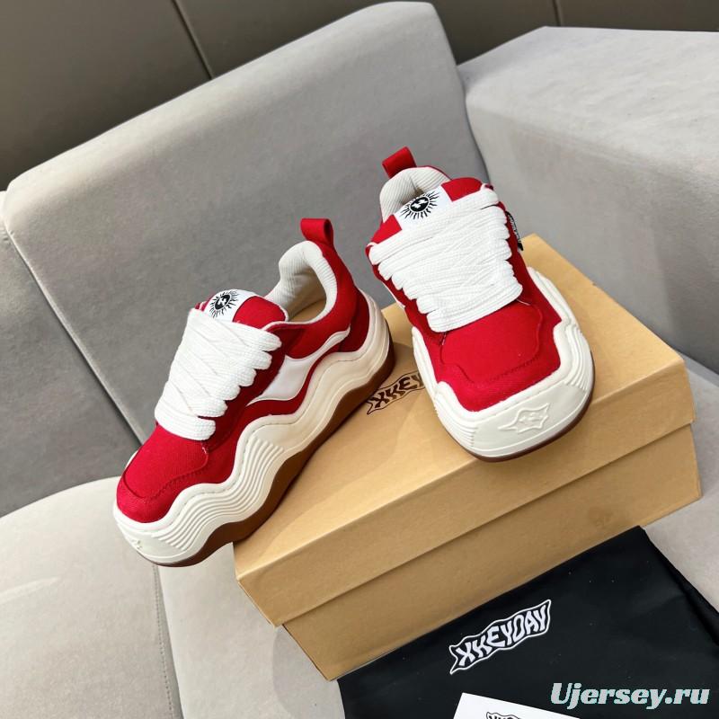 2025 Women HEYDAY Red White Canvas Leather Wave Sneakers