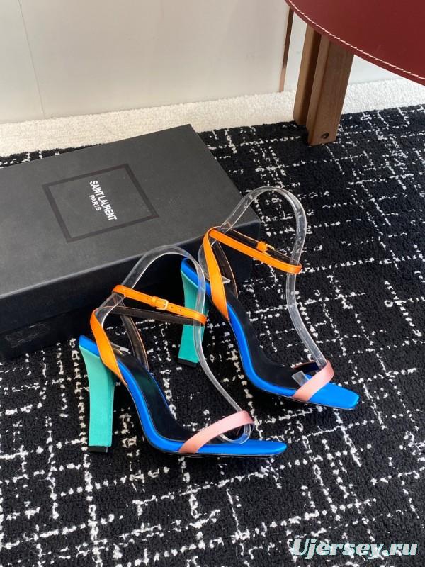 2025 Women Yves Saint Laurent Blue Orange Pink Leather Suede High Heel Sandals