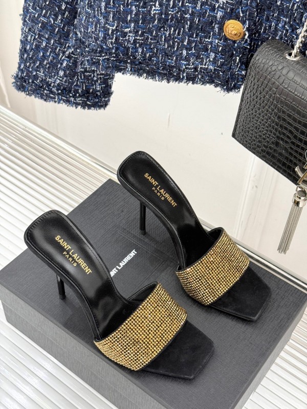 2025 Women Yves Saint Laurent Black Gold Leather High Heel Slip-On LY00300