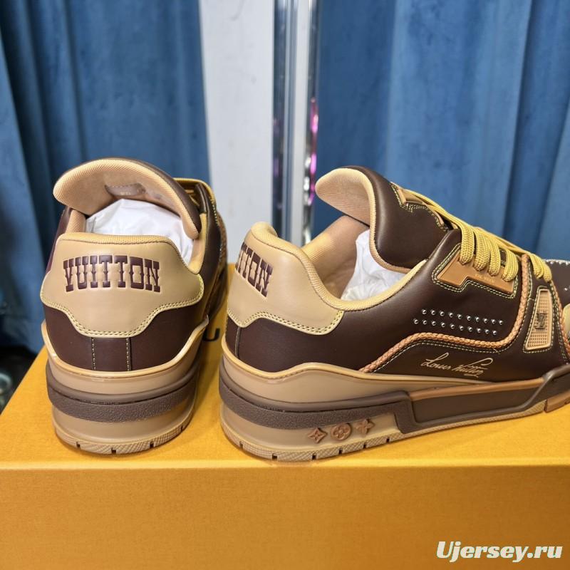 2025 Unisex Louis Vuitton Brown Beige Leather LV Trainer