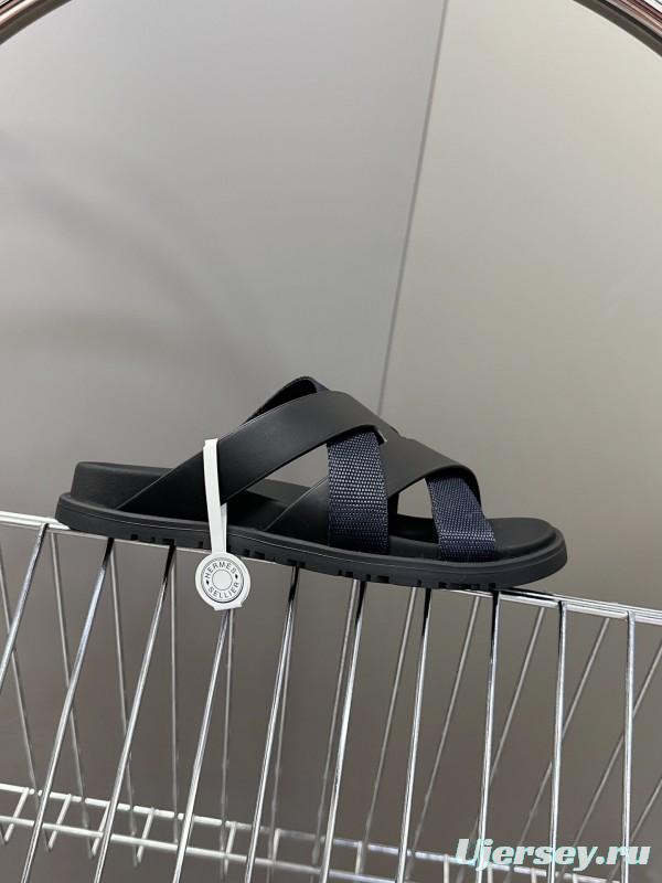 2025 Unisex Hermès Black Leather Fabric Slippers