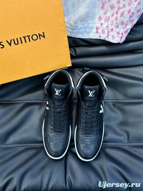2024 Men Louis Vuitton Black White Leather High-Top Sneakers MJ00420