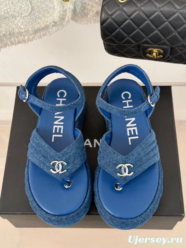 2025 Women Chanel Blue Denim Leather Platform Sandals KFY00260