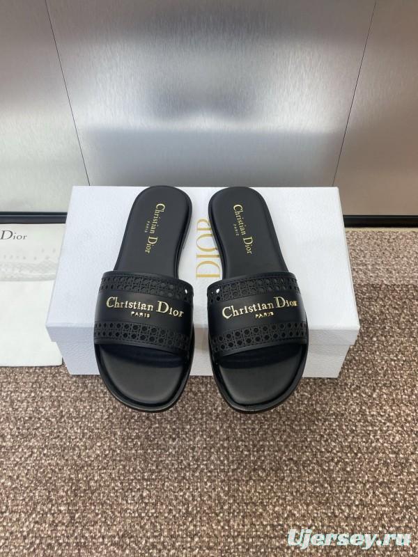2025 Women Dior Black Leather Slides