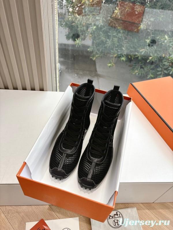 2025 Women Hermès Black Mesh Leather Boots