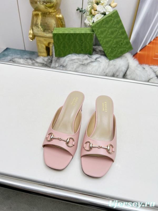 2025 Women Gucci Pink Leather Block Heel Mules MJ00180