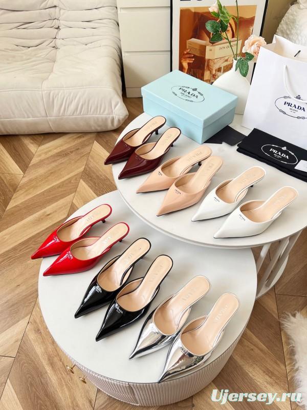 2025 Women Prada Black Patent Leather Heeled Slippers LY