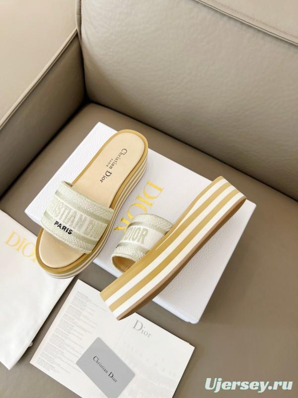2025 Women Dior White Beige Canvas Platform Slippers