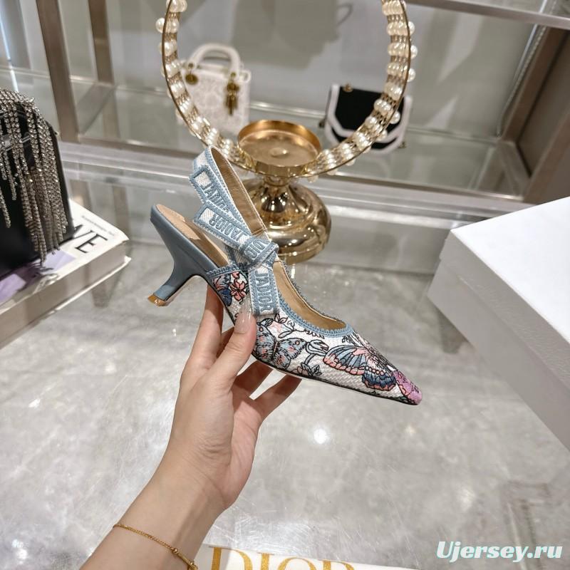 2025 Women Dior Blue Pink Embroidered Fabric Slingback Heels