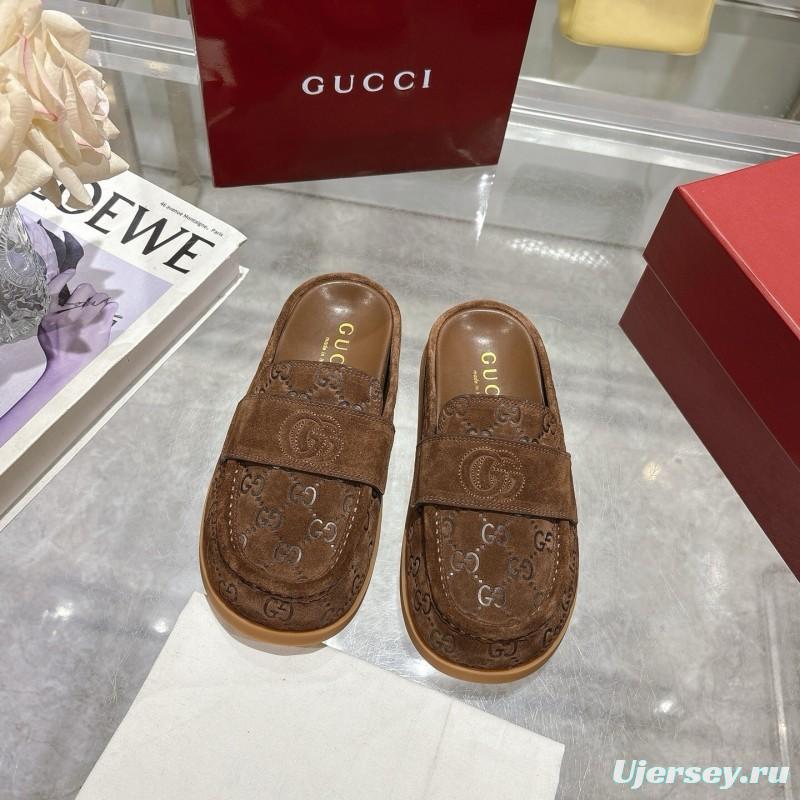 2025 Women Gucci Dark Brown Suede Mule Embossed GG LY00270