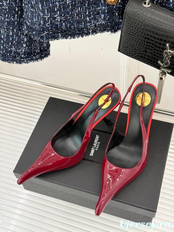 2025 Women Yves Saint Laurent Burgundy Patent Leather Slingback Heels