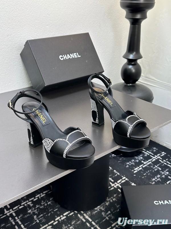 2025 Women Chanel Black Fabric Leather Rhinestone Platform Sandals KFY00320
