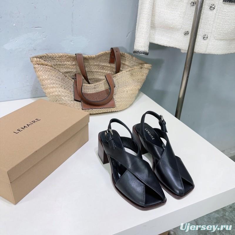 2025 Women Lemaire Black Leather Block Heel Sandals