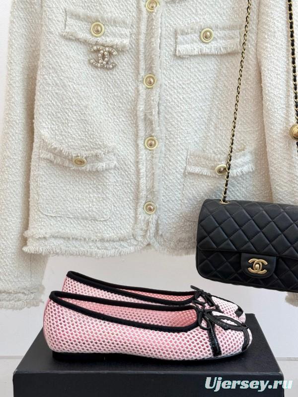 2025 Women Chanel Pink Black Mesh Ballet Flats KFY00260