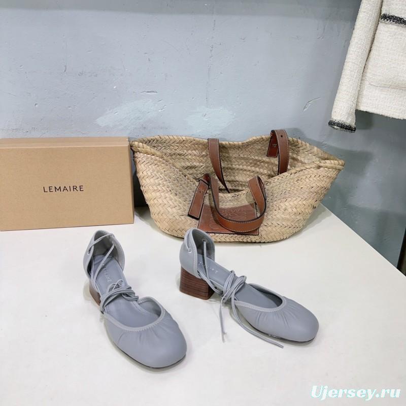 2025 Women LEMAIRE Light Grey Leather Mary Jane Block Heel KFY00300