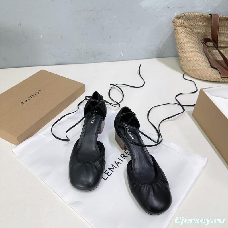 2025 Women LEMAIRE Black Leather Mary Jane Lace-up Shoes