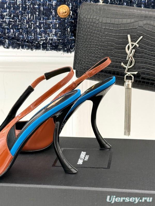2025 Women Yves Saint Laurent Brown Patent Leather Slingback Heels KFY00290
