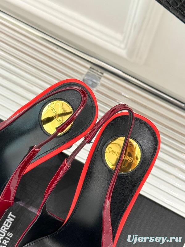 2025 Women Yves Saint Laurent Burgundy Patent Leather Slingback Heels
