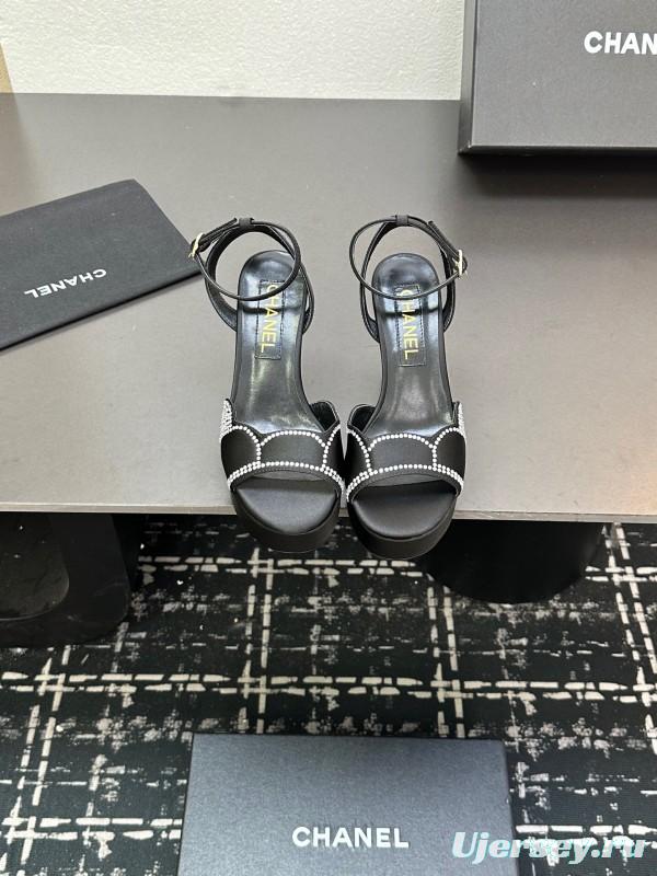 2025 Women Chanel Black Fabric Leather Rhinestone Platform Sandals KFY00320