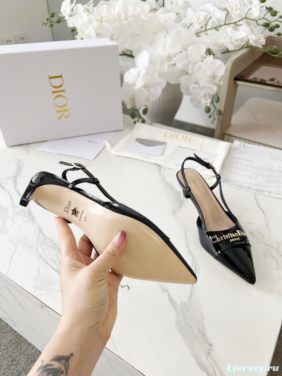 2025 Women Dior Black Patent Leather Slingback Heels KFY00310