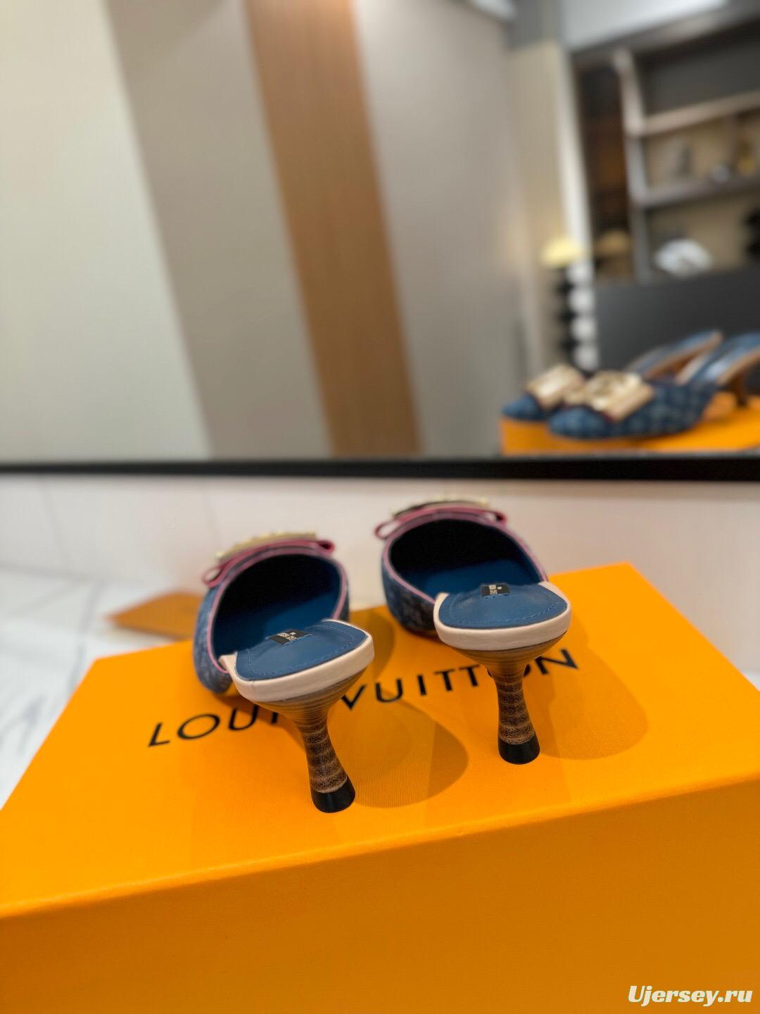 2025 Women Louis Vuitton Blue Denim Leather Mule Hardware KFY00320