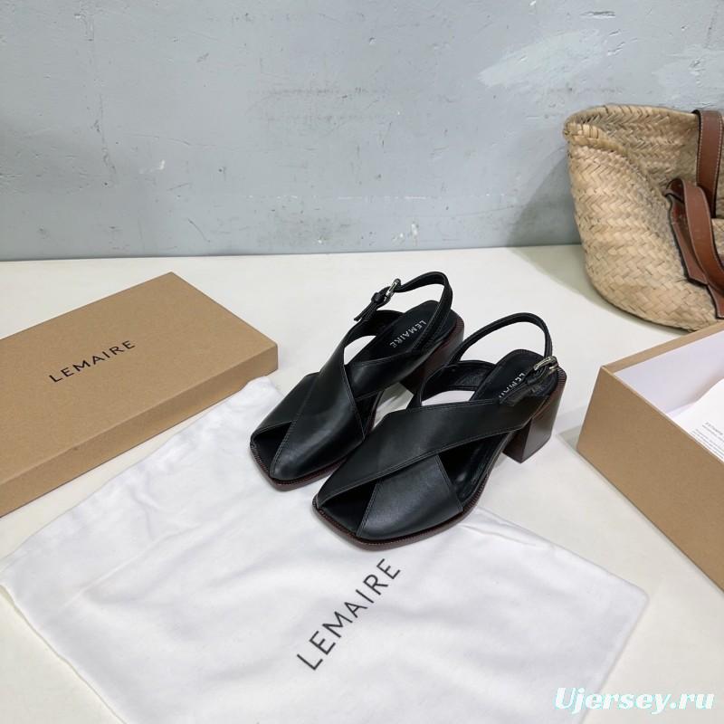 2025 Women Lemaire Black Leather Block Heel Sandals